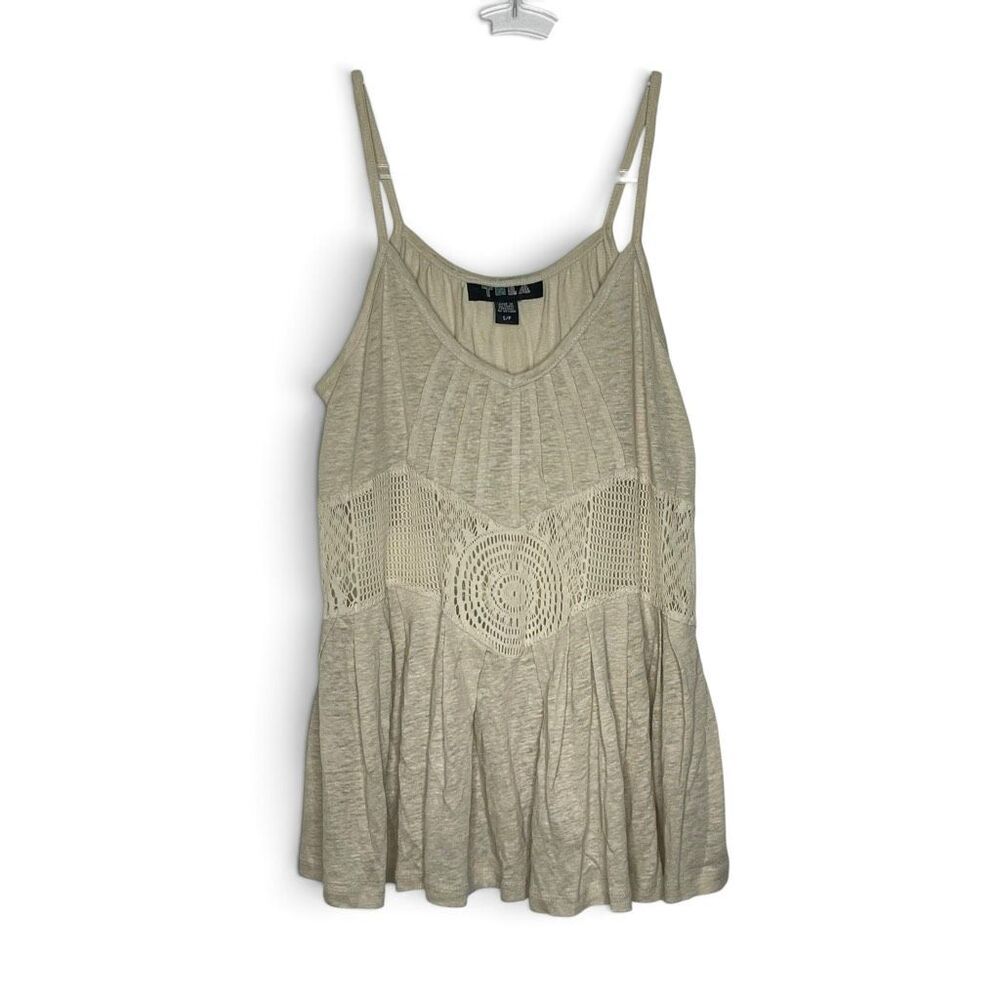 Tela Strappy Linen Boho Lagenlook Lace Crochet Tank Top Shirt Cream Womens Small